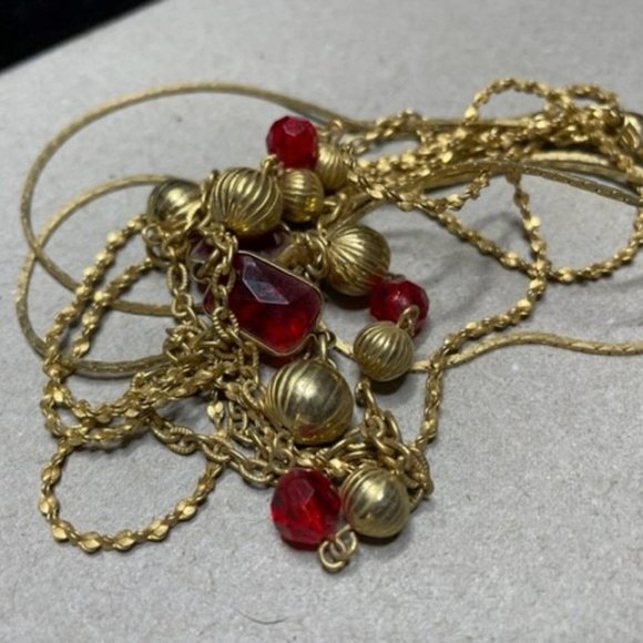 Multi Chain Stationary Beads and Red Gems all in a Gold Electroplate - Picture 1 of 4